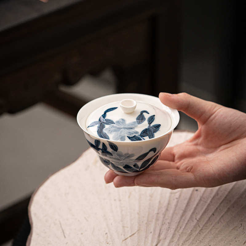 中式 白瓷陶瓷复古盖碗墨泡茶手绘 功夫碗茶具家用百合不烫手蓝