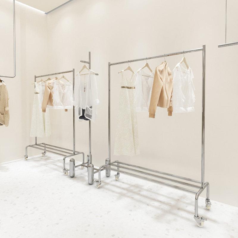 服装店展示架不锈钢带轮子银色简约女装落地挂衣收纳层货架陈列架