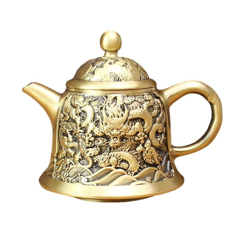 高档黄铜茶壶龙头壶创意酒杯办公桌面摆件纯铜复古双龙戏珠茶具