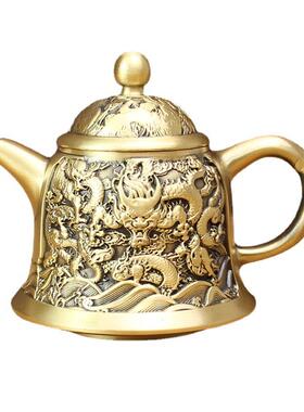高档黄铜茶壶龙头壶创意酒杯办公桌面摆件纯铜复古双龙戏珠茶具