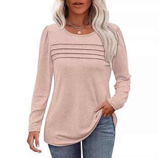 Crewneck Pleated Tunic Tops Women Breathable Sleeve Blouses