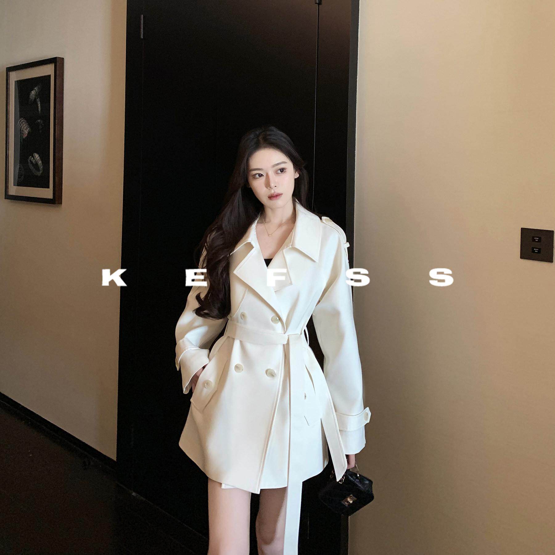 Rouje Kefss英伦风春秋复古双排扣短款风衣时尚收腰系带气质外套