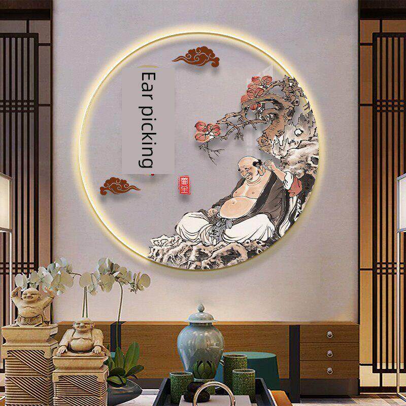 摘耳店装饰画挂画新中国风健康中心Led圆形夜光灯画走廊入口墙面