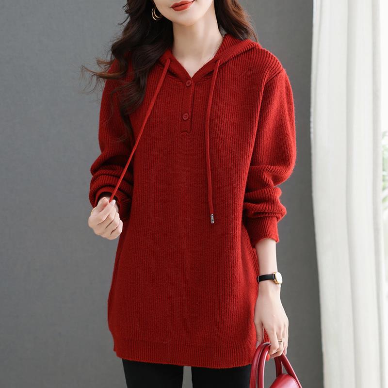 羊毛衫女休闲连帽毛衣秋冬中长款加厚羊绒衫宽松大码胖mm针织打底