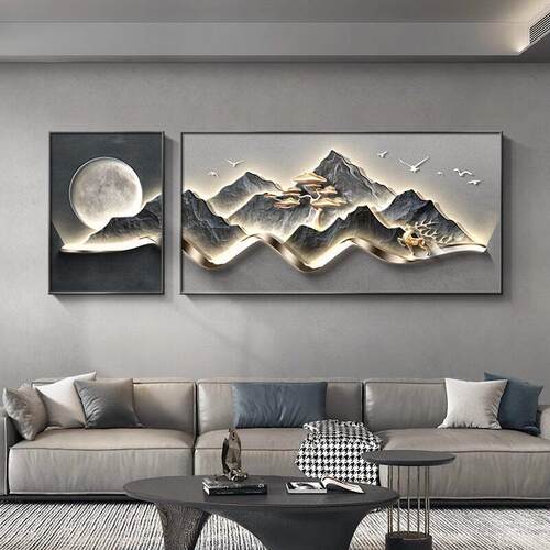 沙现代轻奢客厅装饰HM-1492画高山端高大气发背景墙挂画级感背有