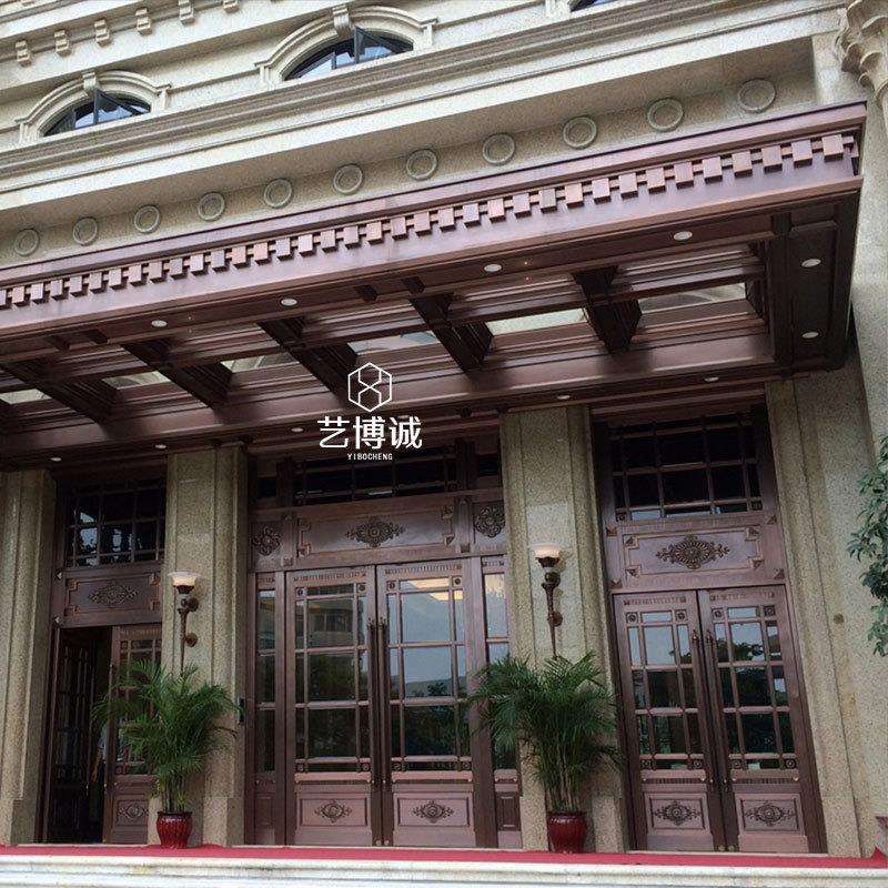 中式楼盘售楼中心大堂大门 售楼部装修设计红古铜色铝板雕刻大门