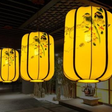现代新中式灯笼吊灯中国风手绘布艺灯笼茶楼走廊餐厅酒店过道吊灯