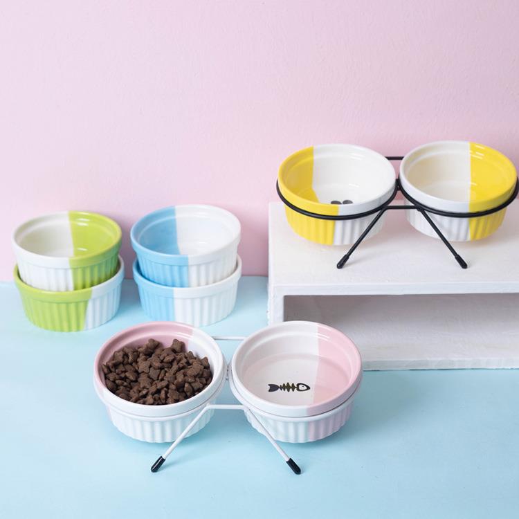 猫碗陶瓷双碗喝水宠物猫咪食盆狗猫粮饭碗架高脚斜口护颈