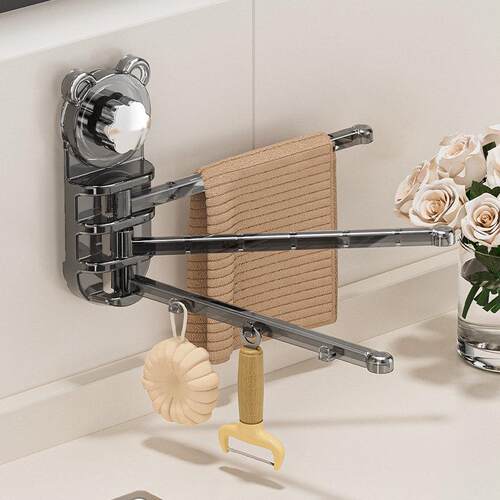 吸盘厨房抹布架壁挂式免打孔家用浴室毛巾旋转置物架多杆挂架