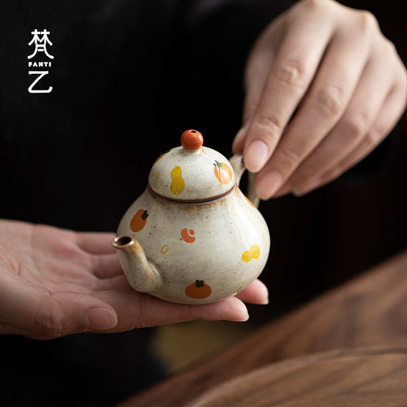 粗手绘梵陶瓷釉泡茶陶执壶下家用手复古茶壶柿子乙壶彩功夫茶具
