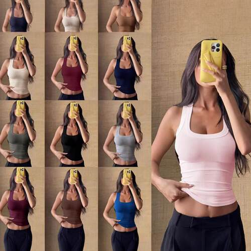 Women's U-Neck Ribbed Knitted Cropped Tank Top Slim-Fitting