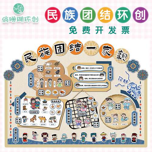 民族团结主题墙贴 幼儿园教室布置墙贴 防水防潮PVC墙贴 国风插画
