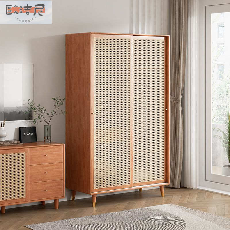 日式藤编衣柜小户型家用推拉门储物柜子简约复古衣橱组合黑色轻奢