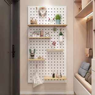 实木洞洞板置物架一体入户玄关墙上收纳架衣帽架北欧墙面展示架子