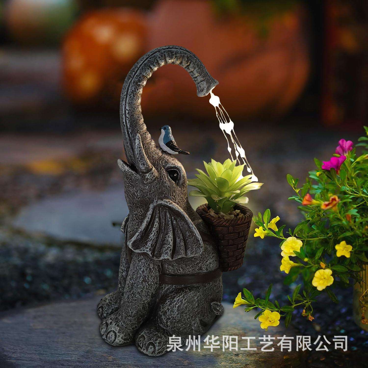 跨境太阳能树脂工艺品大象背多肉浇水摆件草坪花园雕像庭院装饰品