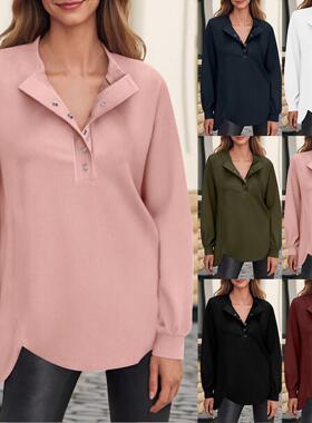 Women'S Long Sleeve Henley Tops Tunic Sweatshirt Loose Slit
