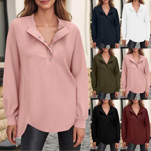 Women'S Long Sleeve Henley Tops Tunic Sweatshirt Loose Slit