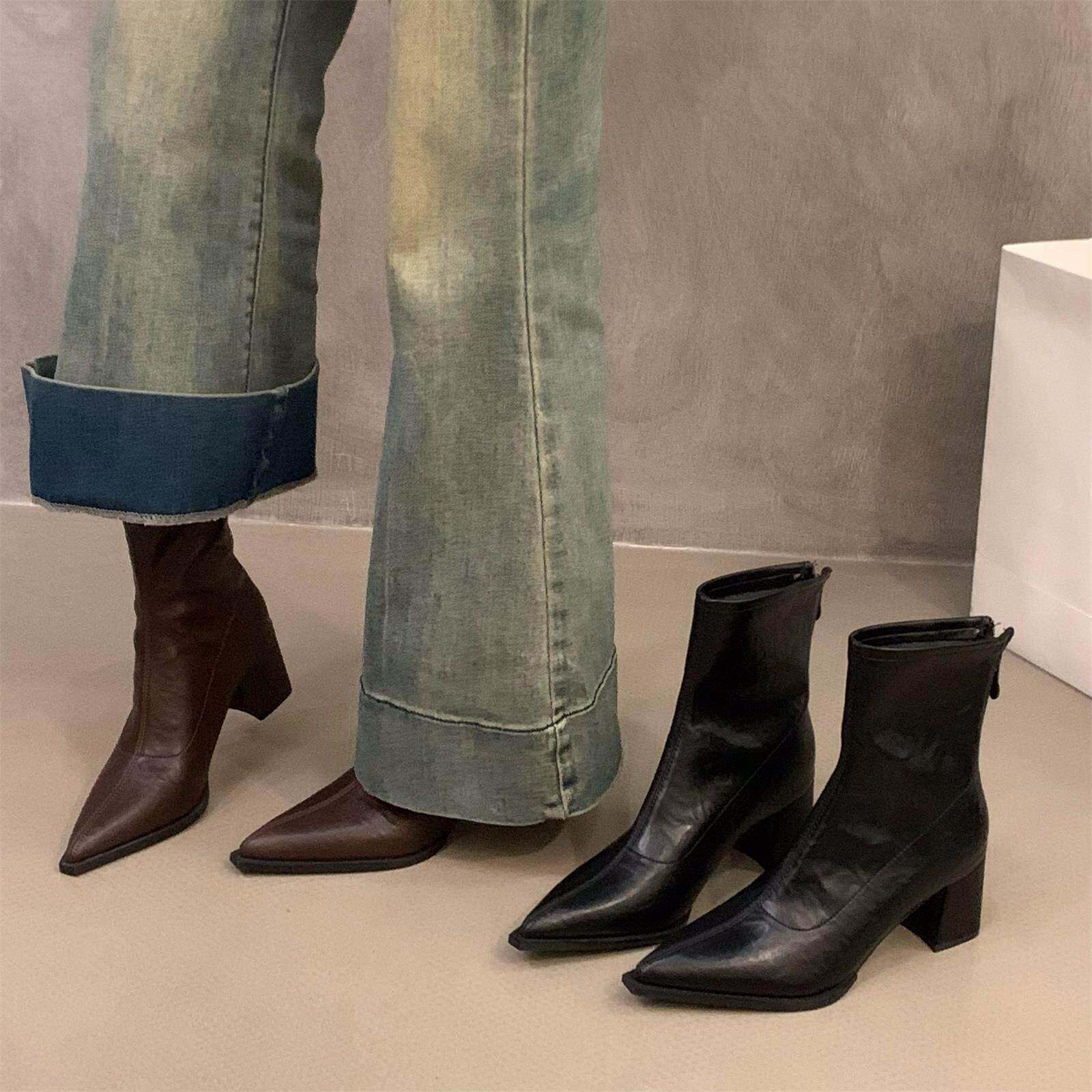 香港高跟粗跟尖头小踝靴女鞋2025夏季棕色加绒马丁靴瘦瘦短靴子