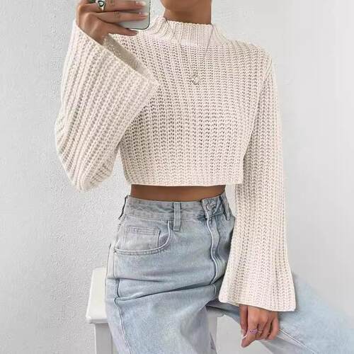 Women’S Cropped Solid Knit Sweater | Bell Sleeve Loose Fit