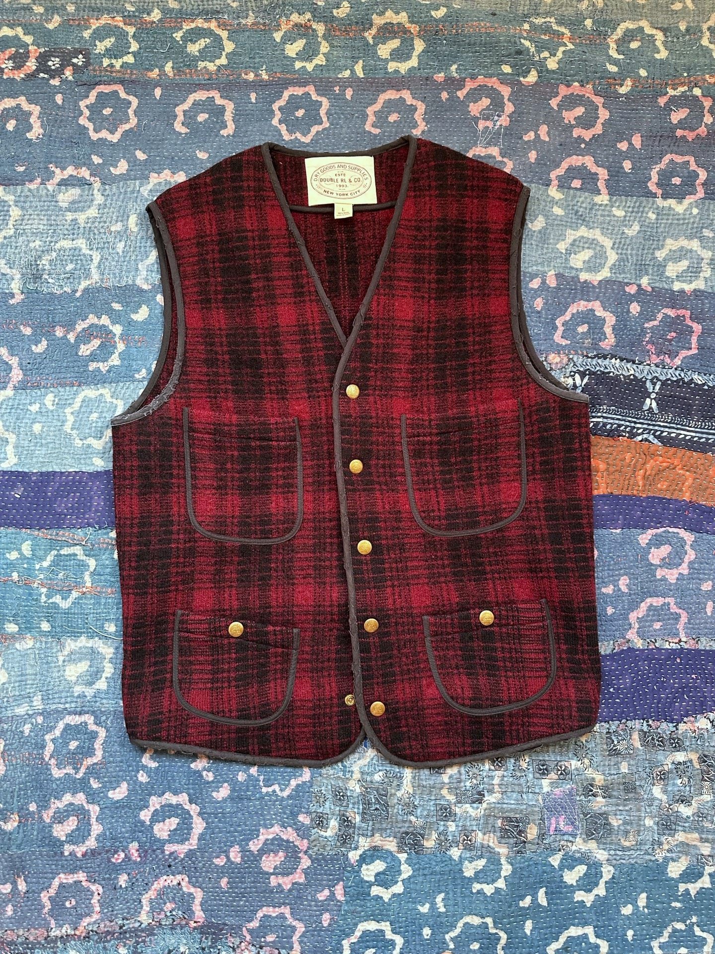 RRL Red Black Plaid Four-Pocket Vest