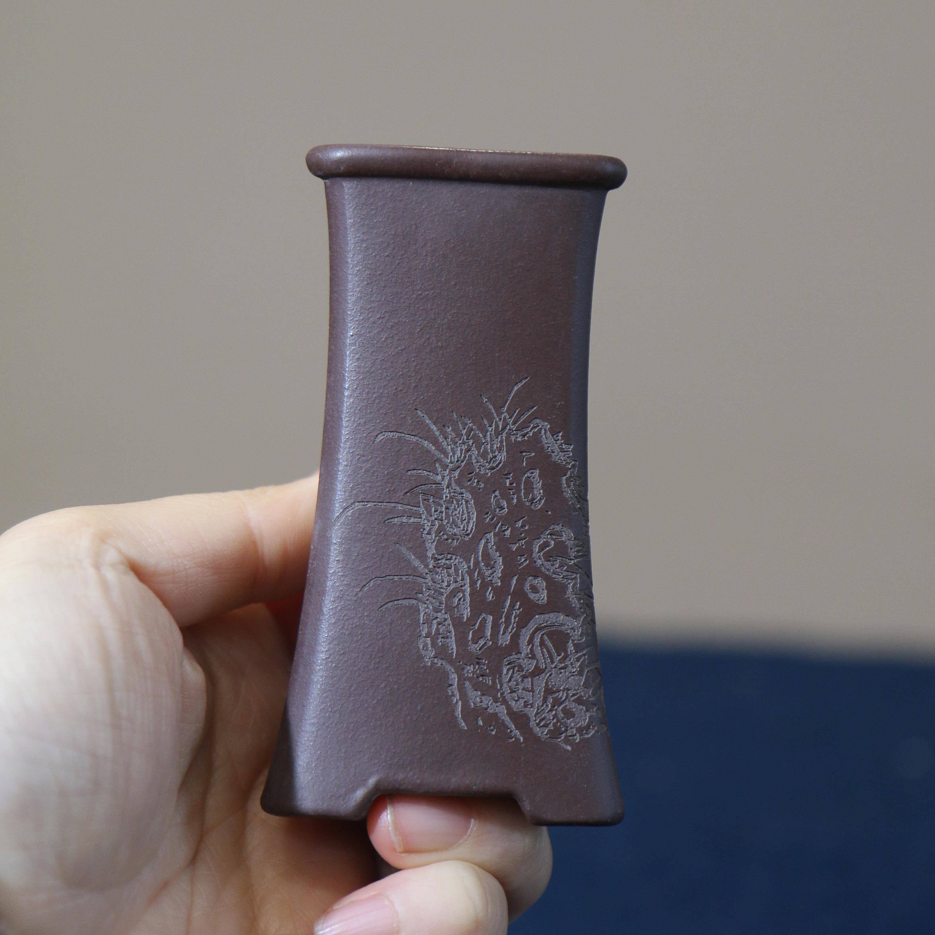 紫砂花盆微型盆景盆掌上盆栽微盆拇指盆特小张可磊刻绘盆三角形