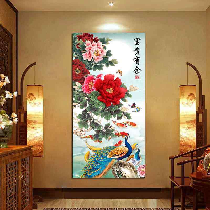 花开 富贵孔雀贴画 画自粘画 画客厅沙发牡丹花卉背景墙上装饰画