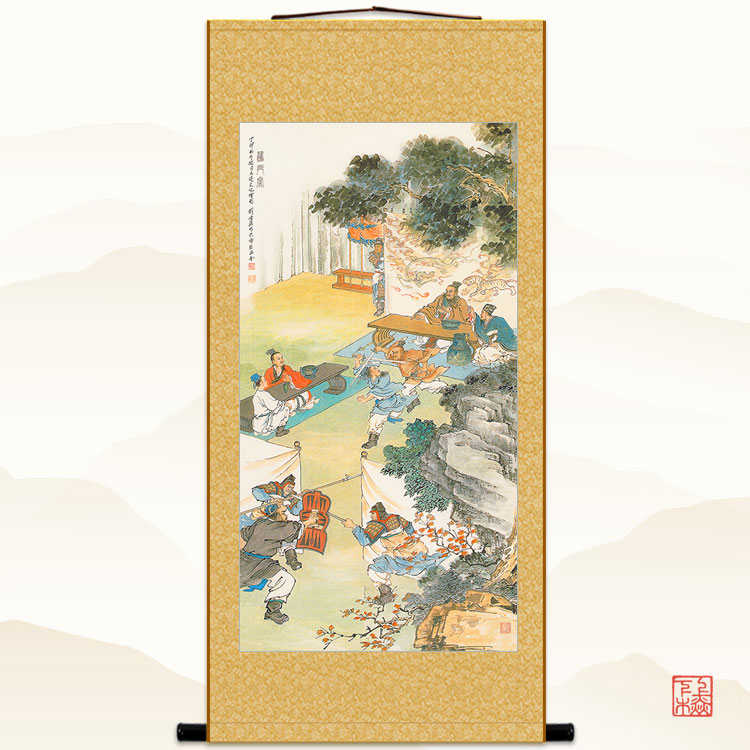 鸿门宴 刘邦项羽历史典故人物卷轴挂画 中式绢布丝绸装饰画定制