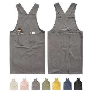简约交叉防背无带纯棉麻透气袖色围裙工作服logo印字污罩KXI衣万
