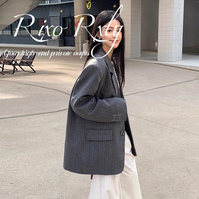 RIXO RXLY高级感灰色条纹西装外套女春秋小众设计感休闲气质西服
