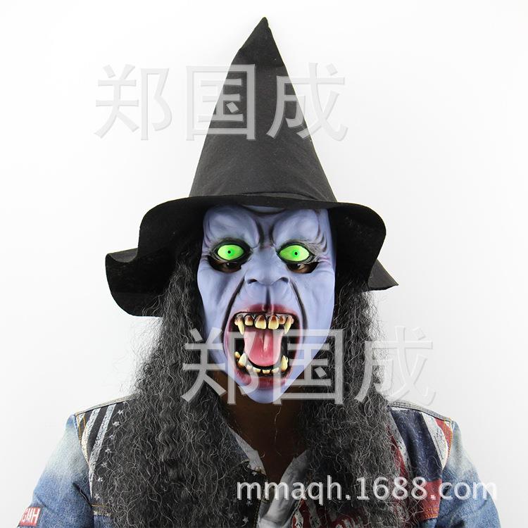 新款直销跨境热销万圣节面具獠牙暗夜女巫鬼假发帽子面具巫婆恐怖
