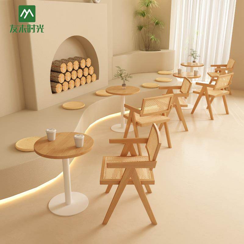 日式咖啡店餐椅奶茶店编藤桌椅组合实木编藤椅商用甜品烘焙店椅子