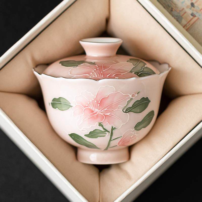 手绘堆雕粉百合花口盖碗单个女士个人专用茶具家用精致泡茶碗带盖