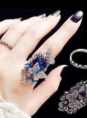 天天美2件套蝴蝶水晶戒指女复古宫廷宝石食指戒韩版指环礼物女