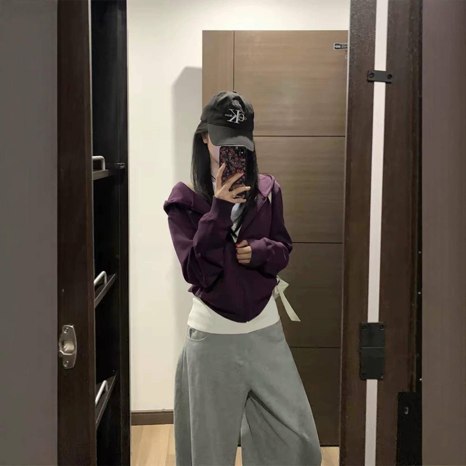 新品美式拼接紫色连帽开衫拉链卫衣女秋季宽松显瘦设计感百搭薄款