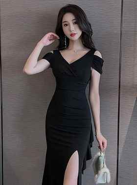 高档夜总会衣连裙女高级感紫色晚服spa柔式夜场足浴礼技师工作长