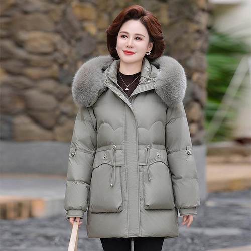 中年女装连帽脱真毛领可HTP白鸭款绒外老套中长气质保暖妈妈装羽