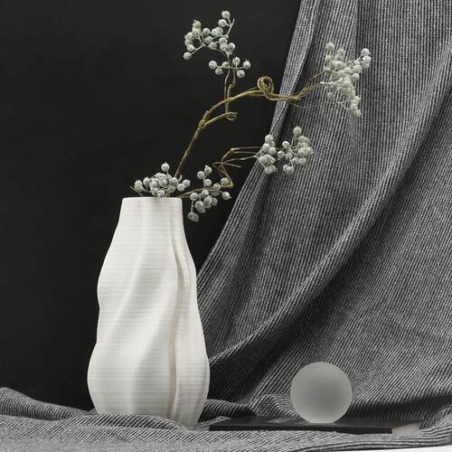 意式极简白色条纹3D打印陶瓷花瓶摆件客厅桌面插花样板间软装饰品