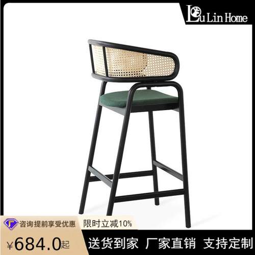 欧实木藤酒吧椅简约黑色商用编BY-1北吧台椅设计师创意酒吧高脚子