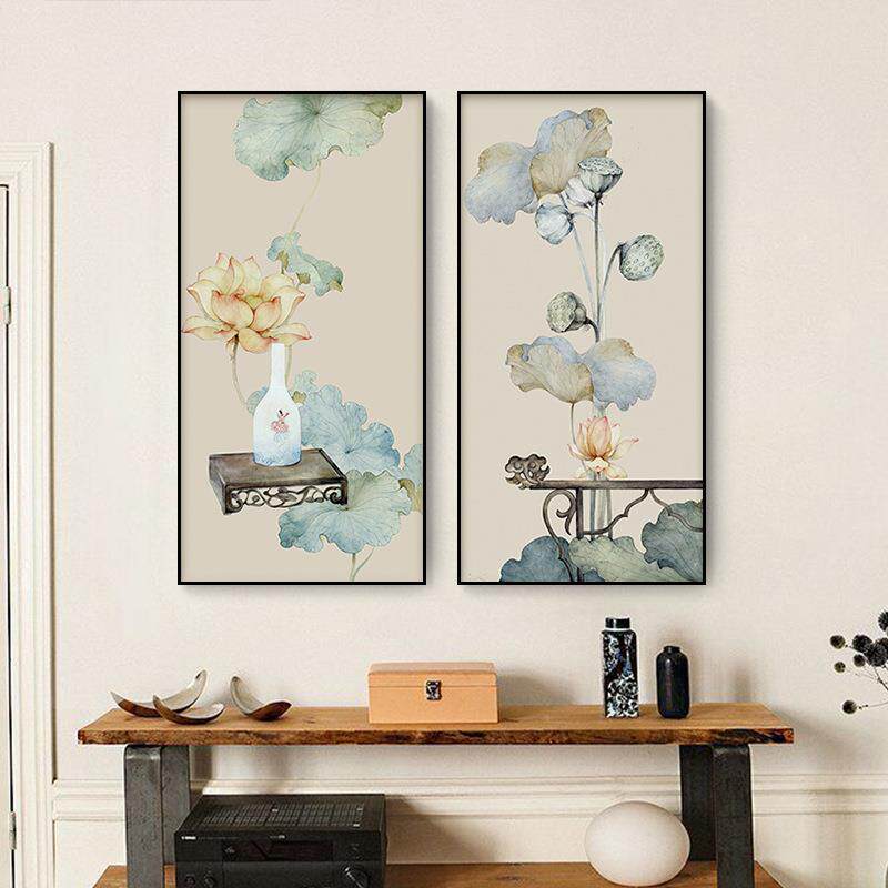 新中式玄关油布荷花画入门玄关装饰画客厅挂画新中式中国风墙壁画