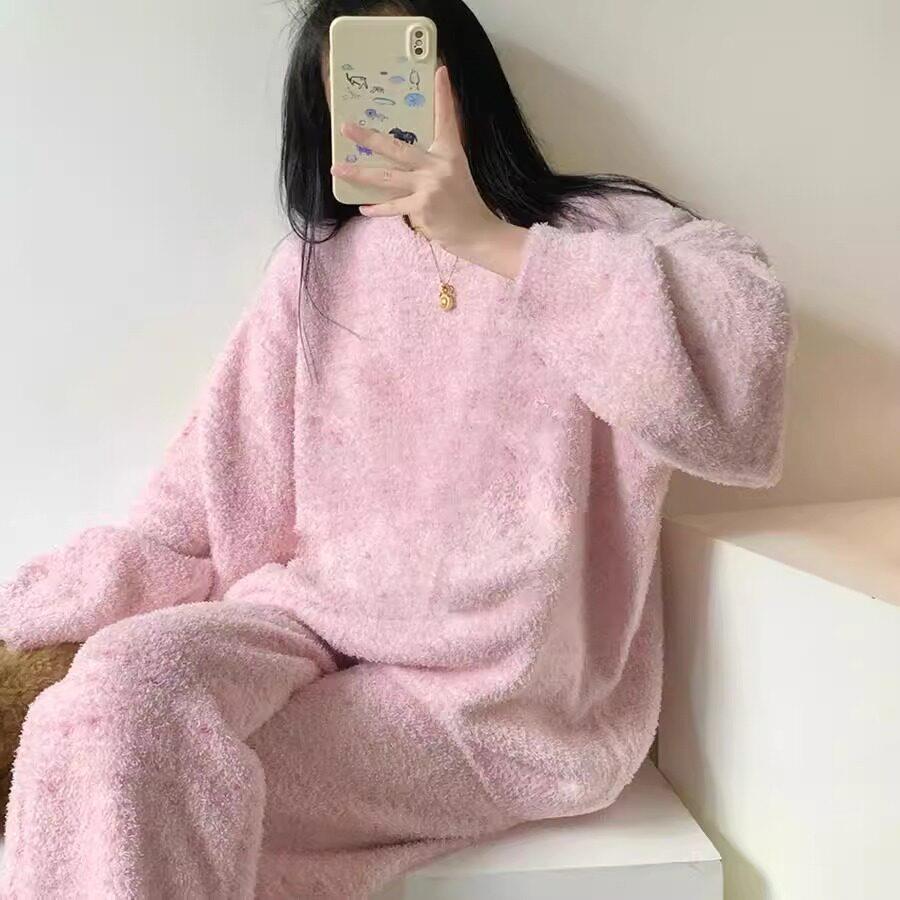 针织半边绒家居服女款2026新款秋冬款休闲甜美加绒加厚睡衣裤套组