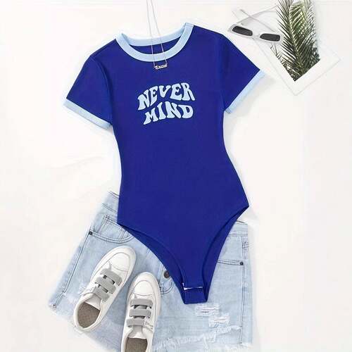 Womens Letter Print Crew Neck Bodysuit Casual Slim-Fitting