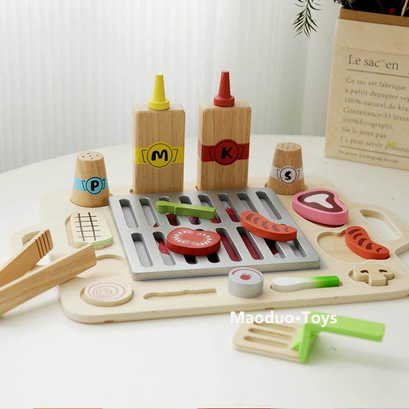 过家家烤肉木质仿真儿童烧烤拼图配对烤串厨房套餐益智玩具切切YW