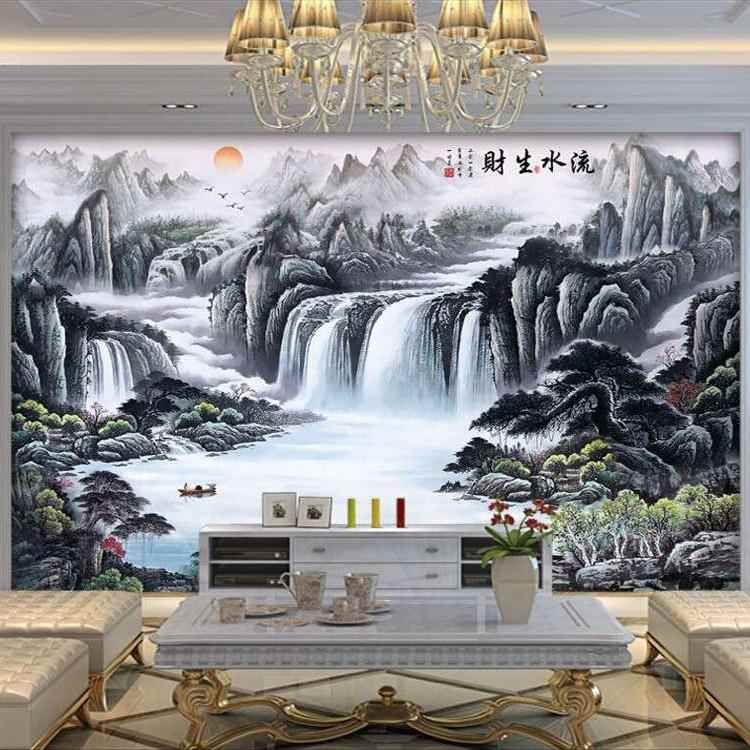 中式电视背景墙纸办公室山水风景墙布客厅聚财影视墙装饰壁画自粘