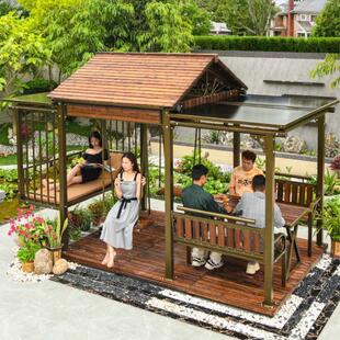 户外凉亭中式小木屋多功能秋千躺床庭院亭子别墅院子遮阳棚