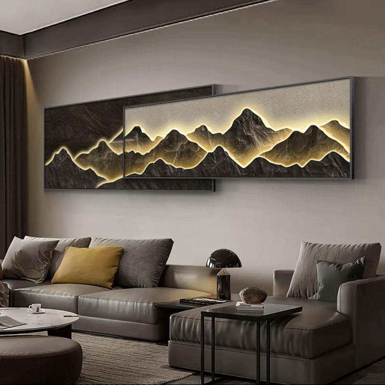 现代无障碍豪华客厅装饰画，简约设计，大气景观叠加挂画，靠背沙