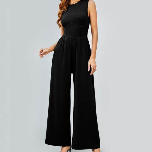 Round Neck Solid Color Sleeveless High Waist Cinched Overall