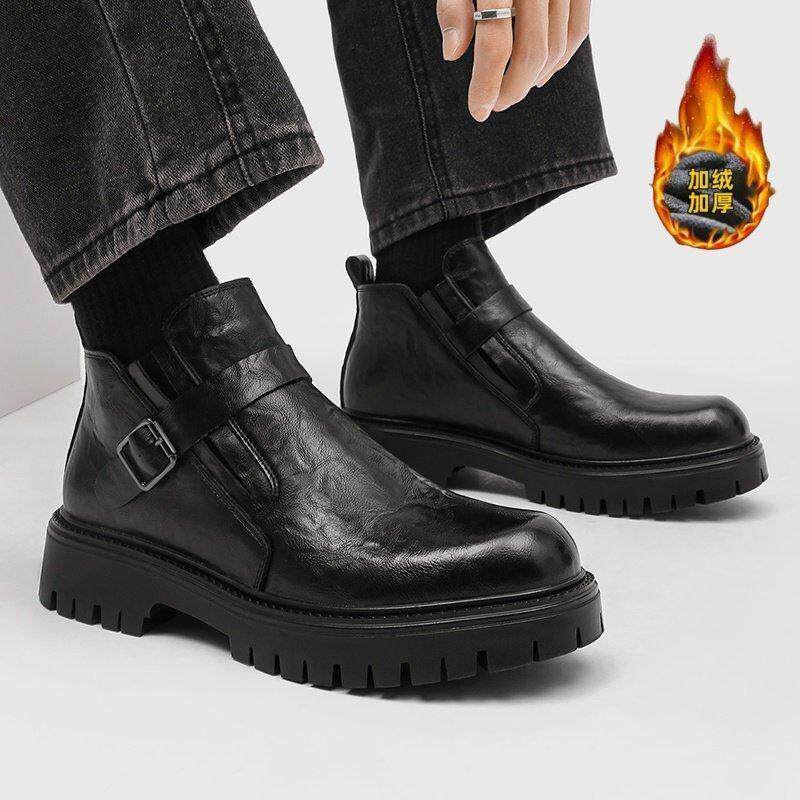 轻奢真皮英伦风高筒切尔西靴男秋冬季新款加绒保暖皮鞋马丁短靴靴