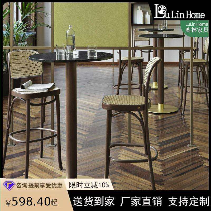 奶茶店实木高脚凳酒店餐厅藤编吧台椅酒吧椅餐吧家用靠背休闲椅子