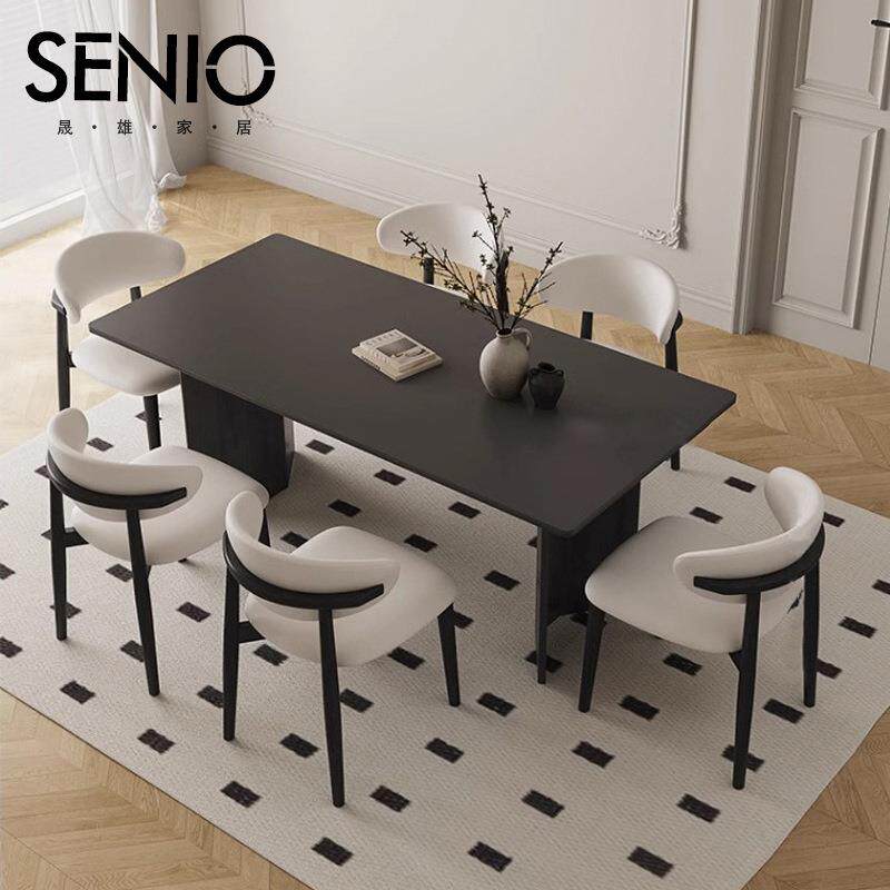 法式中古风实木岩板餐桌椅小户型餐厅桌子长方形黑色复古饭桌家用