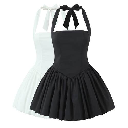 Hanging neck, back strap, fluffy skirt, high waisted